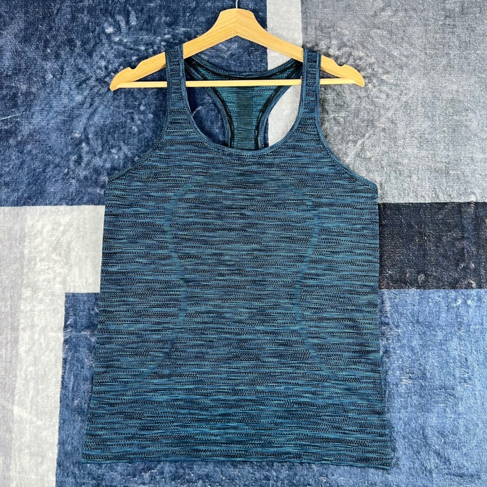 Lululemon Swiftly Tech Racerback Tank Top Size 10 Teal Blue Space Dye Stripe